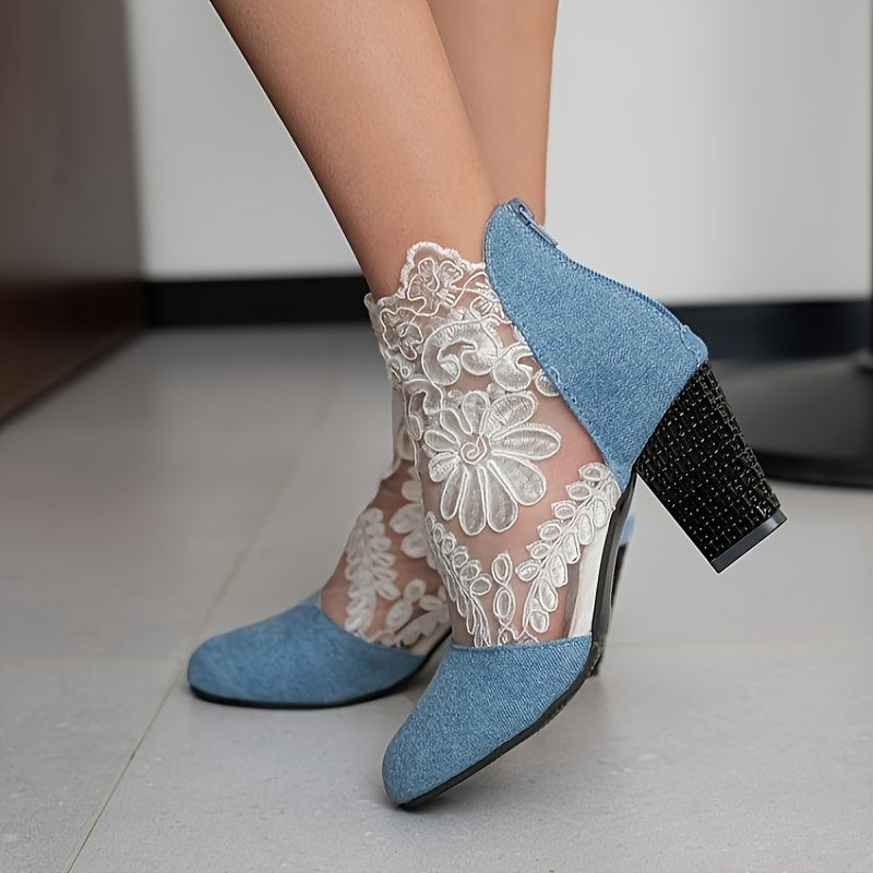 Chic Floral Lace Ladies Boots - Elegant Back Zipper, Comfortable Chunky Heel, Versatile Round Toe for Evening Wear