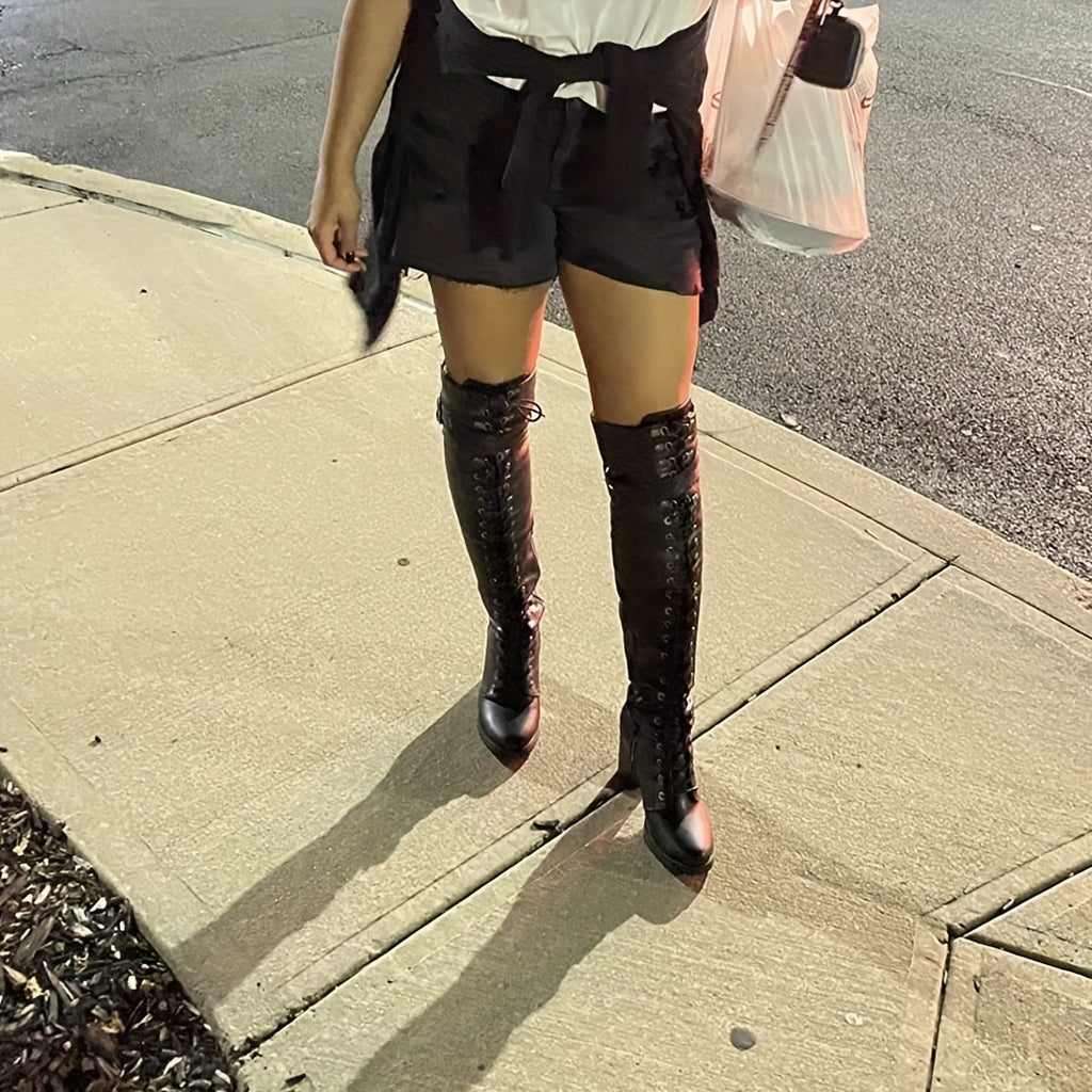 Women'S Faux Leather Over The Knee Thigh High Boots, Black Lace Up Knee High Boots With Chunky Heel, Sexy Biker Boots With Buckle