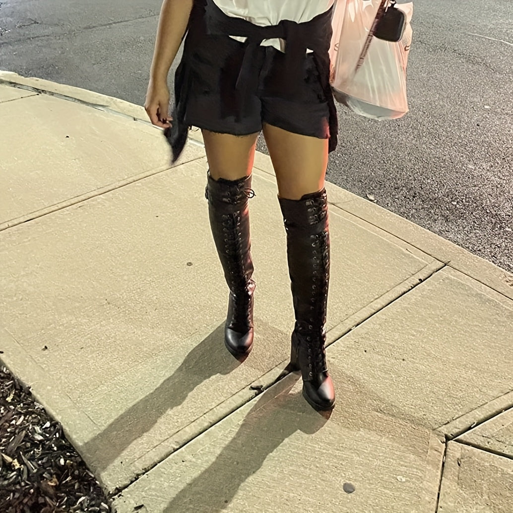 Women'S Faux Leather Over The Knee Thigh High Boots, Black Lace Up Knee High Boots With Chunky Heel, Sexy Biker Boots With Buckle