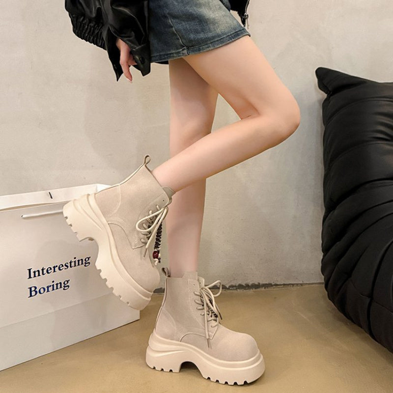 Women's Faux Cover Faux Fur-like Texture Boots - Chunky Low Heel Mule Ankle Boots with Lace-Up & Buckle Closure, Round Toe Fitted Heel, Beige/Tan/Black/White/Gray/Blue/Green/Pink/Red/Brown - Retro Chunky Lace-Up Boots for Wom