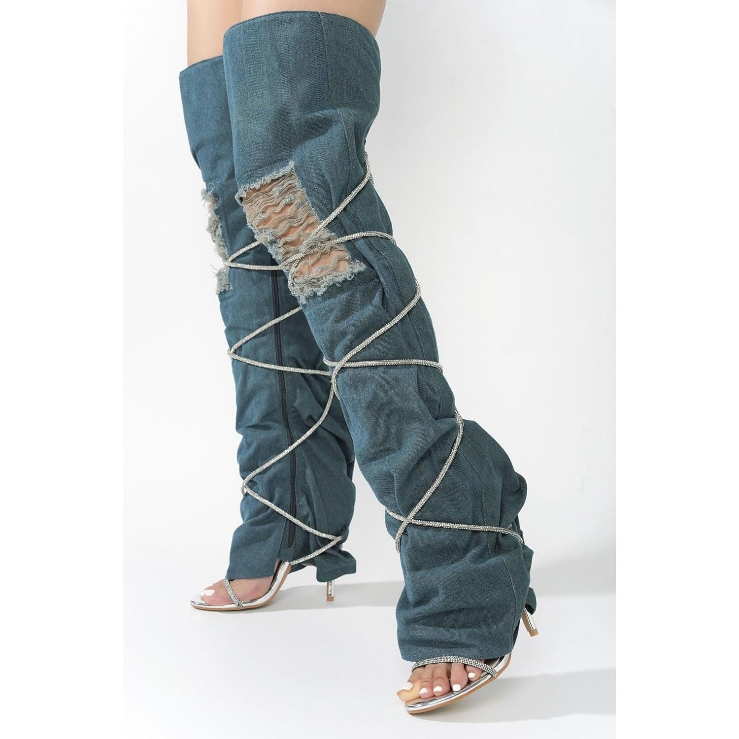 Cape Robbin Nobu Thigh High Boots, Stylish Rope Knee High Cowboy Boots Women, Long Denim Boots, High Heel Boots, Knee High Boots Women