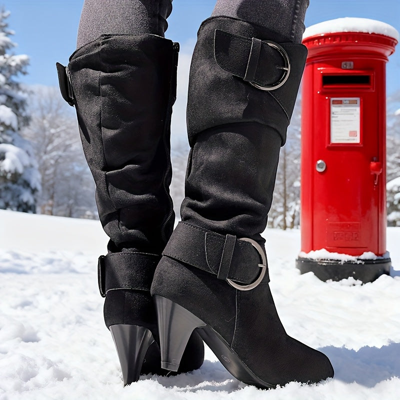 Women'S Pointed Toe Zipper Long Boots with Chunky Heel - Full-Zip Closure, Round Toe & Plush Lining, TPR Sole, Soft Fabric Upper - Winter Warmth, Versatile for Casual & Formal Outfits (Black) - Easy On/Off & Durable Design, W