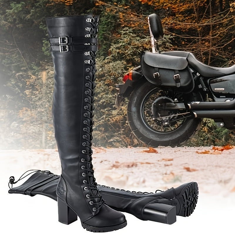 Women'S Faux Leather Over The Knee Thigh High Boots, Black Lace Up Knee High Boots With Chunky Heel, Sexy Biker Boots With Buckle