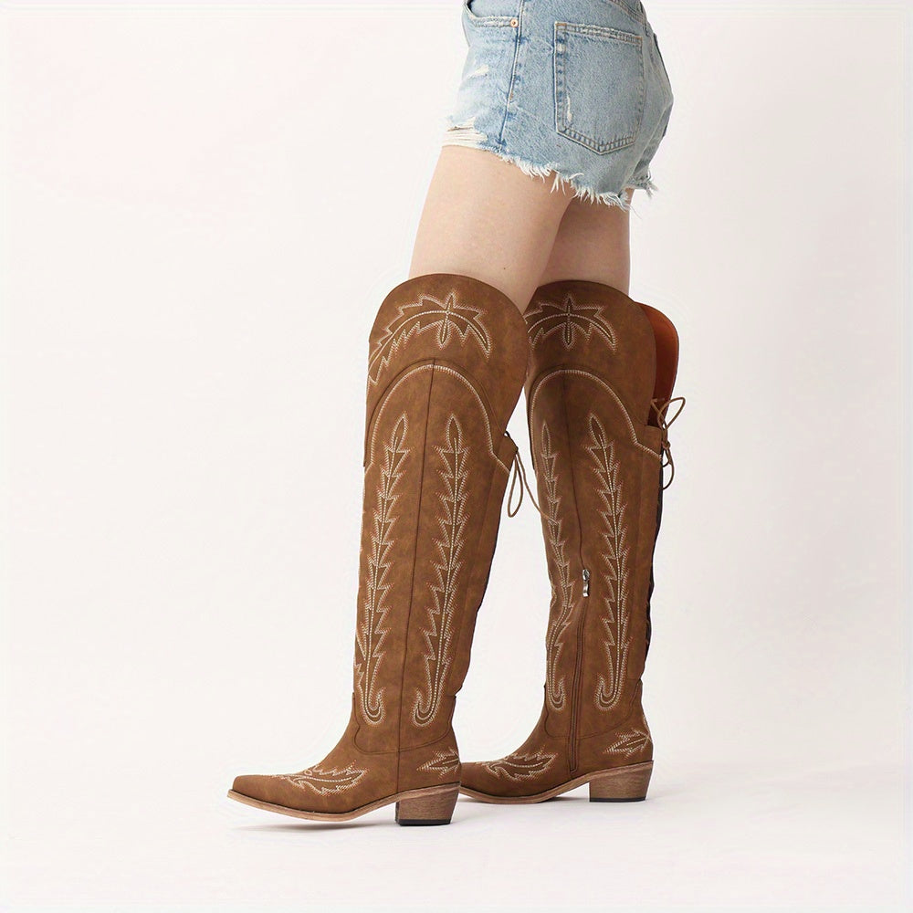 Stylish Wide Calf Thigh-High Over-the-Knee Boots with Back Lace-Up, Side Zipper, Studded Design, and Chunky Heel - Light Brown Faux Cover for Year-Round Elegance, Versatile Boots | Laceup Boots | Elegant Design, Thigh High Bo