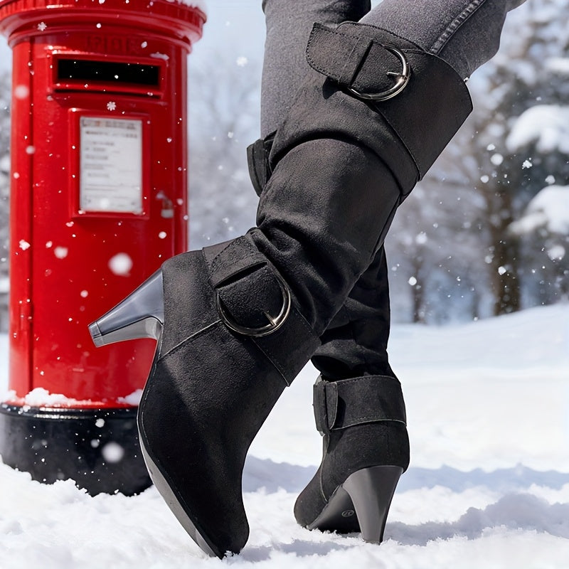 Women'S Pointed Toe Zipper Long Boots with Chunky Heel - Full-Zip Closure, Round Toe & Plush Lining, TPR Sole, Soft Fabric Upper - Winter Warmth, Versatile for Casual & Formal Outfits (Black) - Easy On/Off & Durable Design, W