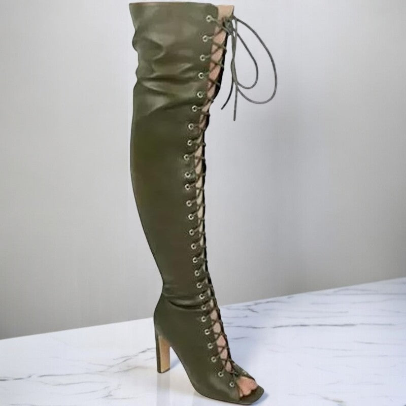 Women's Lace-Up Over-the-Knee Peep-Toe Boots - Thigh-High Boots