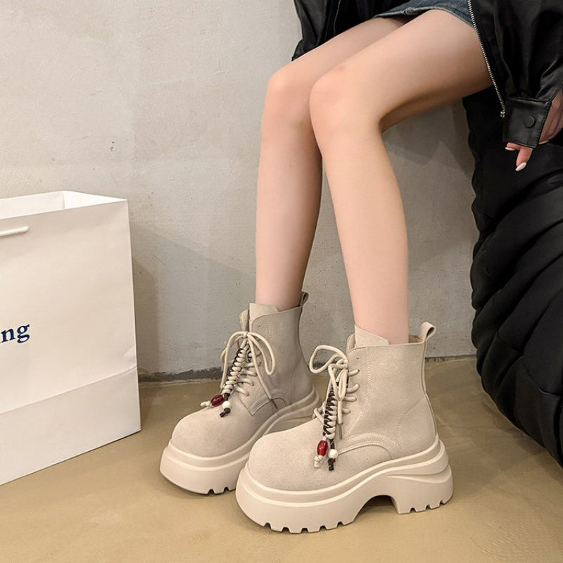 Women's Faux Cover Faux Fur-like Texture Boots - Chunky Low Heel Mule Ankle Boots with Lace-Up & Buckle Closure, Round Toe Fitted Heel, Beige/Tan/Black/White/Gray/Blue/Green/Pink/Red/Brown - Retro Chunky Lace-Up Boots for Wom