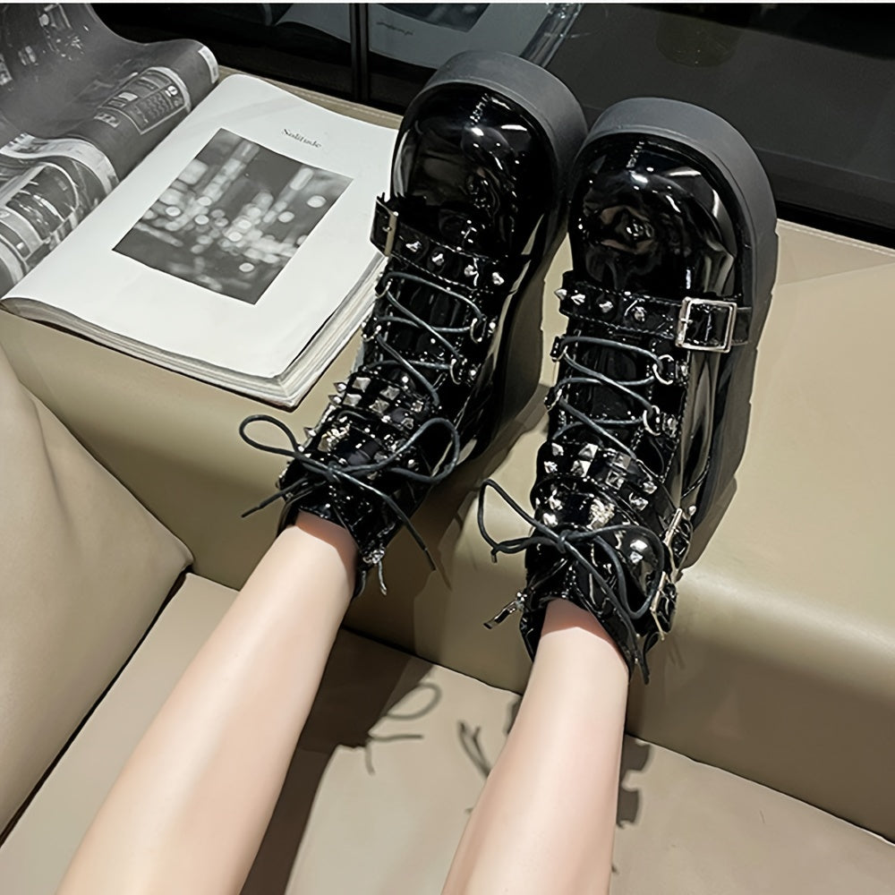 Gothic Leather Rivet Wedge Punk Boots For Women Side Zipper Buckle Belt Ankle Motorcycle Boots Platform Women Boots Sexy Party Nightclub Cosplay Martin Boots