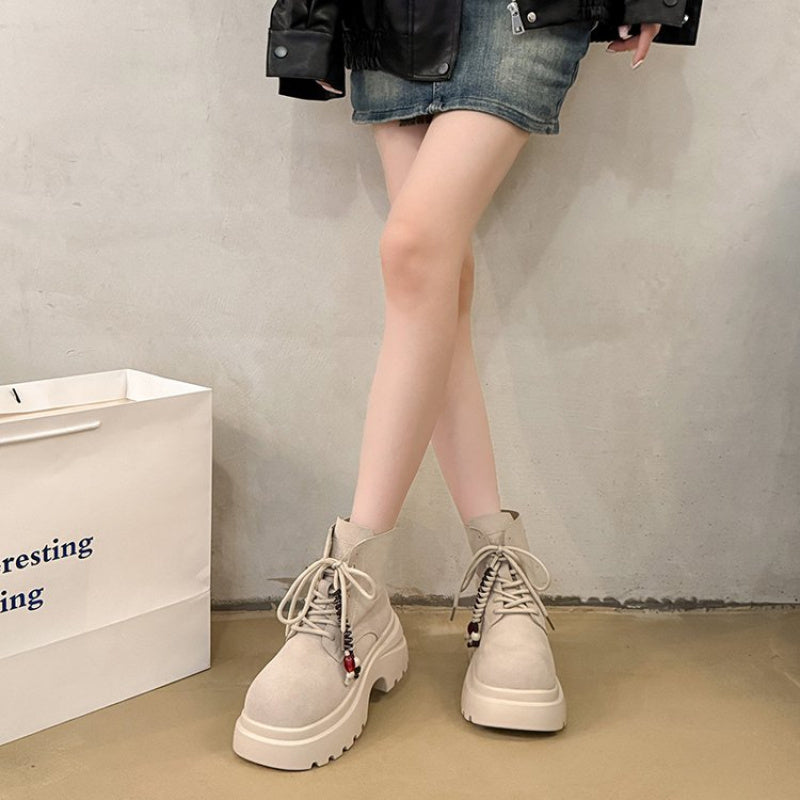 Women's Faux Cover Faux Fur-like Texture Boots - Chunky Low Heel Mule Ankle Boots with Lace-Up & Buckle Closure, Round Toe Fitted Heel, Beige/Tan/Black/White/Gray/Blue/Green/Pink/Red/Brown - Retro Chunky Lace-Up Boots for Wom