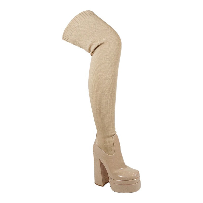 Women Platform Thigh High Boots Chunky Block Heels Over The Knee Boots Stretch Close Toe Party Boots