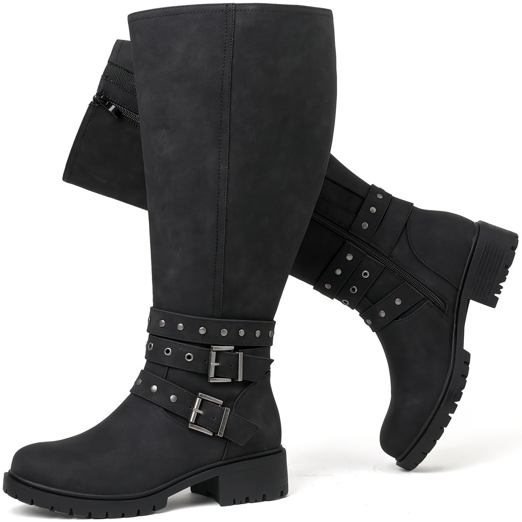 Women's Extra Wide Calf Knee High Boots Plus Size Low Heel Side Zipper Winter Tall Boots Ridding Motocycle Women Boots.