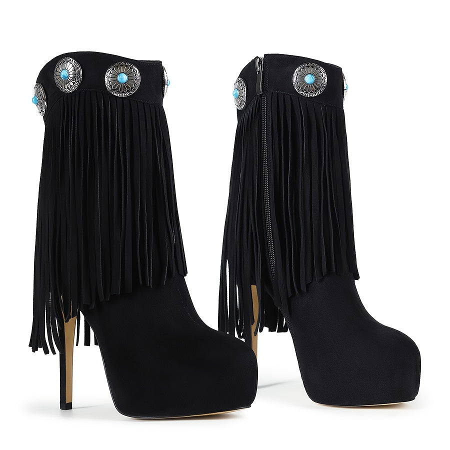 Women'S Fringe Long Boots with Retro Synthetic Gemstone Decor Western Style High-Top Boots, Fashionable Stage Performance Stiletto Heels for Spring and Autumn, Metal Stud Embellished Round Toe Side Zipper Ultra-High Thin Heel