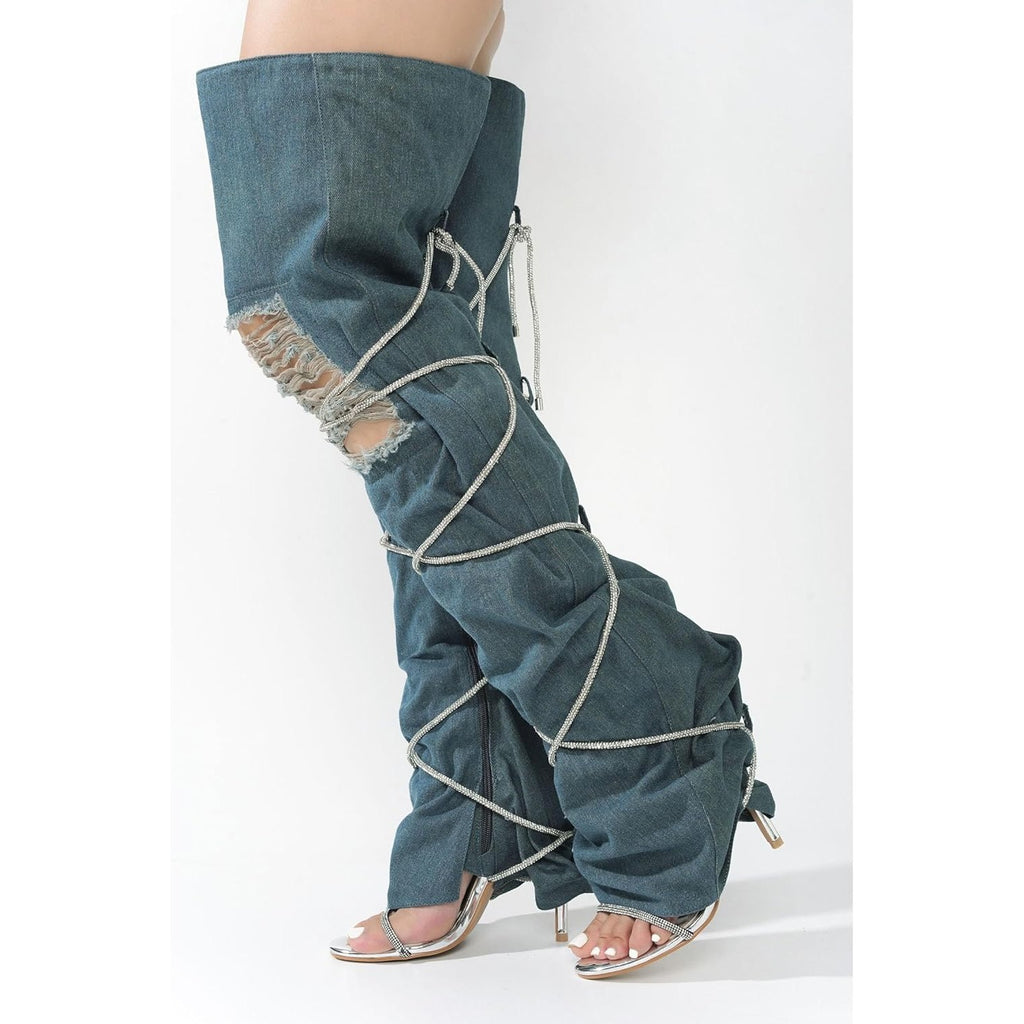 Cape Robbin Nobu Thigh High Boots, Stylish Rope Knee High Cowboy Boots Women, Long Denim Boots, High Heel Boots, Knee High Boots Women