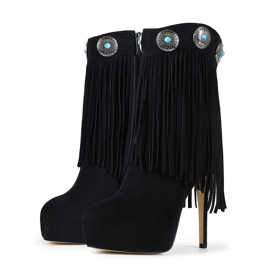 Women'S Fringe Long Boots with Retro Synthetic Gemstone Decor Western Style High-Top Boots, Fashionable Stage Performance Stiletto Heels for Spring and Autumn, Metal Stud Embellished Round Toe Side Zipper Ultra-High Thin Heel