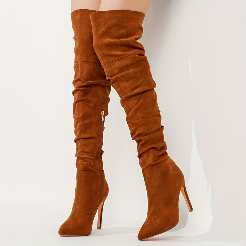 Elegant Over-the-Knee Boots for Women - Winter Solid Color High Heel Boots with Pointed Toe, Stiletto Heel, Zipper Closure, Flannel Upper, Fabric Inner & Rubber Sole - Ultrahigh Heel Thigh High Boots for North America & Europ