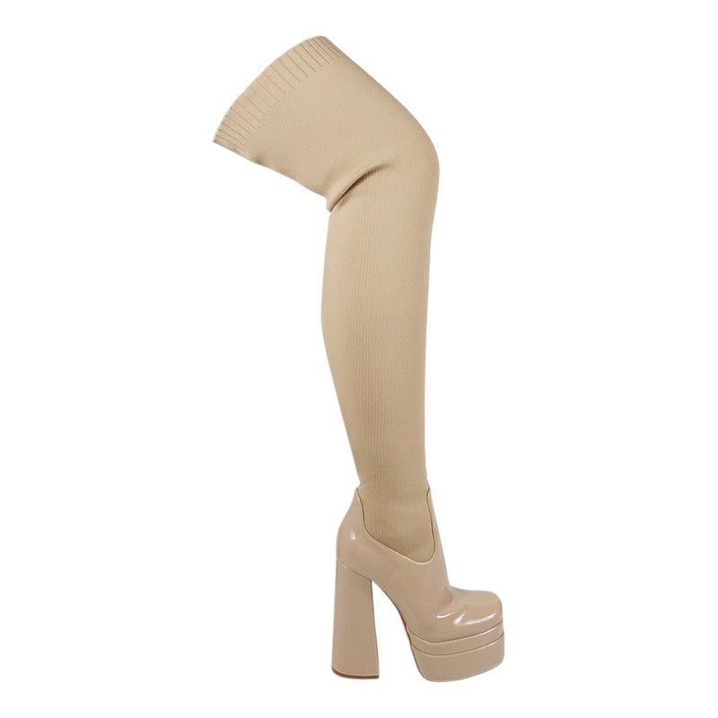 Women Platform Thigh High Boots Chunky Block Heels Over The Knee Boots Stretch Close Toe Party Boots