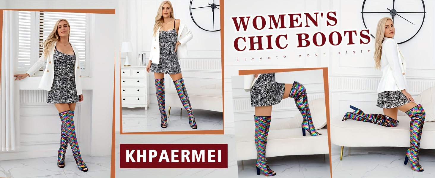 Sparkly Thigh High Boots for Women Sexy Sequin Over The Knee High Boots Party Prom Open Toe Chunky High Heels