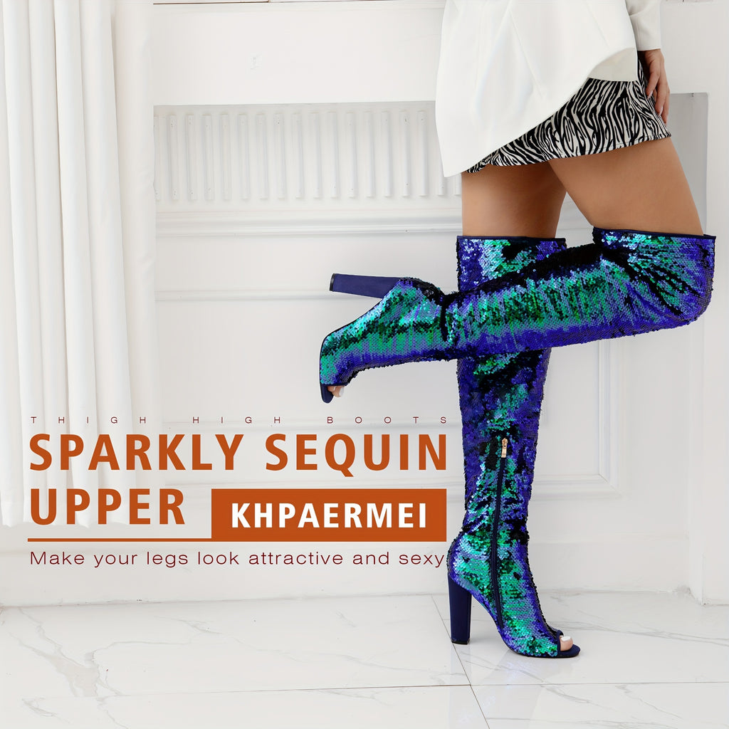 Sparkly Thigh High Boots for Women Sexy Sequin Over The Knee High Boots Party Prom Open Toe Chunky High Heels
