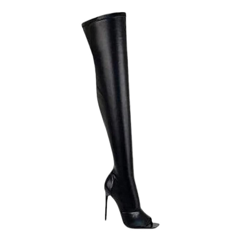 Women's Stiletto Heel Thigh High Boots Peep Open Toe Pull on Over the Knee Boots
