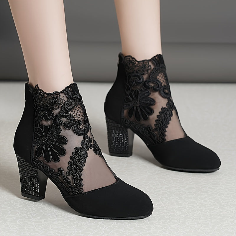 Chic Floral Lace Ladies Boots - Elegant Back Zipper, Comfortable Chunky Heel, Versatile Round Toe for Evening Wear