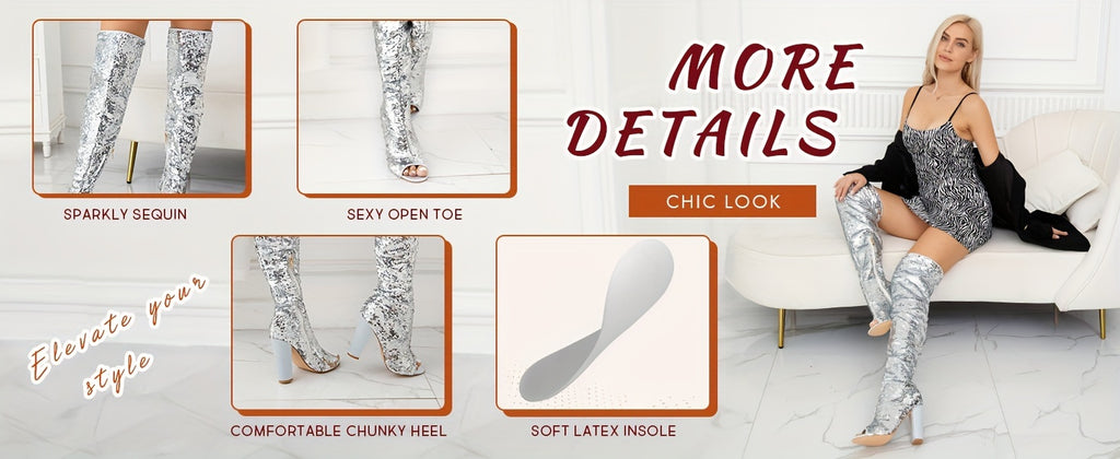 Sparkly Thigh High Boots for Women Sexy Sequin Over The Knee High Boots Party Prom Open Toe Chunky High Heels