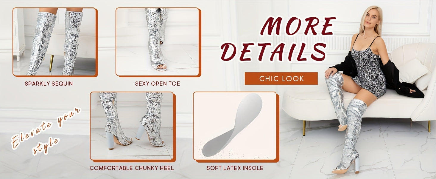 Sparkly Thigh High Boots for Women Sexy Sequin Over The Knee High Boots Party Prom Open Toe Chunky High Heels