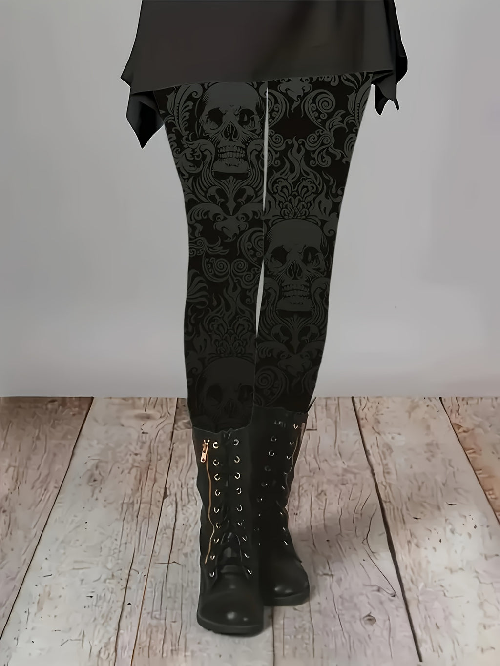 Women's Gothic Gothic Tight-Fitting Leg Pants - High-Waisted Stretchy Full-Length Pants with Thigh-High Boots-like Opening, All-Season Black & White Skull Print Tights for Costume Parties, Casual Attire & Themed Events - Mach