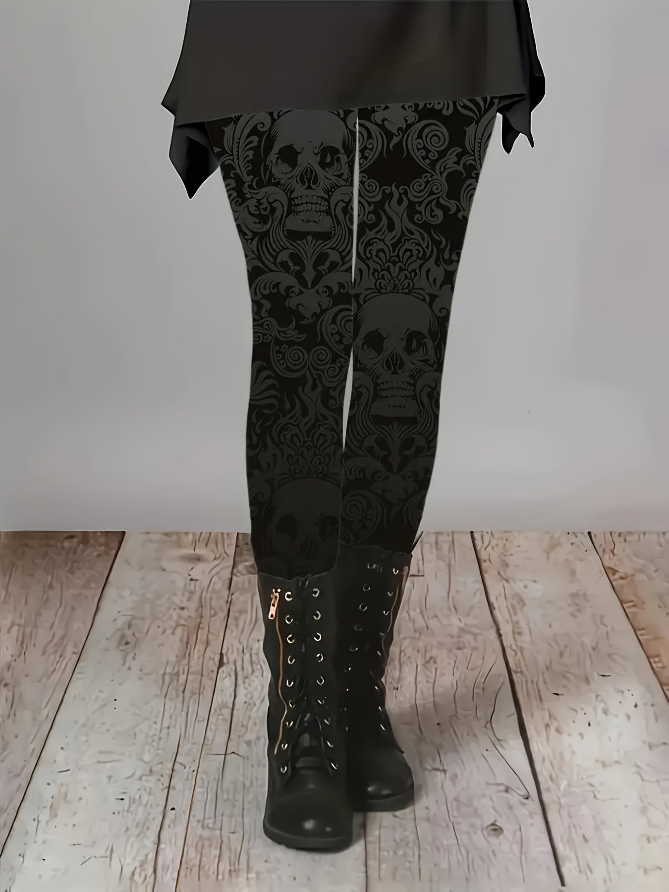 Women's Gothic Gothic Tight-Fitting Leg Pants - High-Waisted Stretchy Full-Length Pants with Thigh-High Boots-like Opening, All-Season Black & White Skull Print Tights for Costume Parties, Casual Attire & Themed Events - Mach