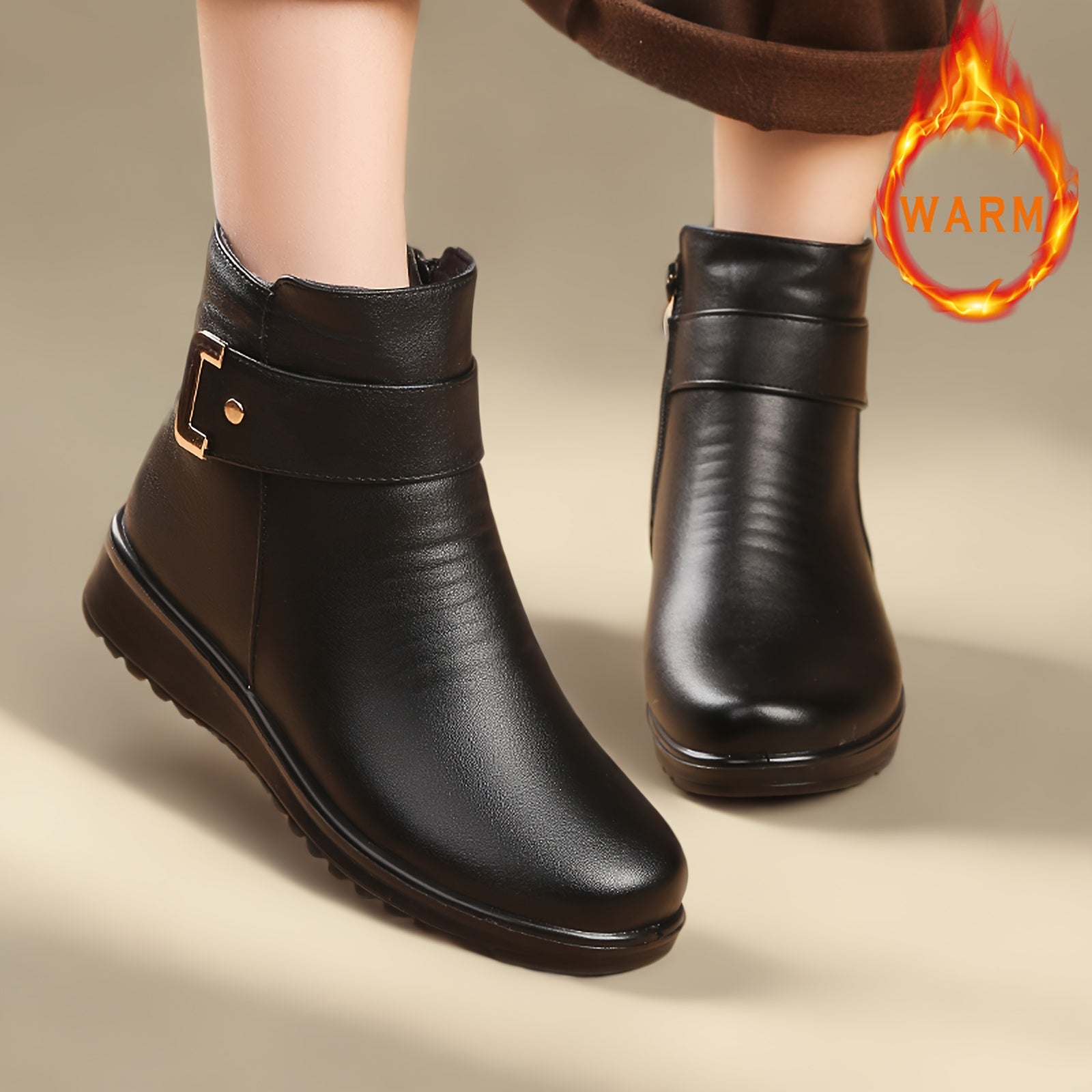 Women's Fleece-Like Winter Boots with Dress Compatibility - Retro Round-Toe Ankle Booties, Golden-Tone Buckle-Like Zipper Closure, Faux Cover Upper & PU Sole, Warm Round Heel for Dresses/Coutfits (Casual/Dressy) - Hand Washab