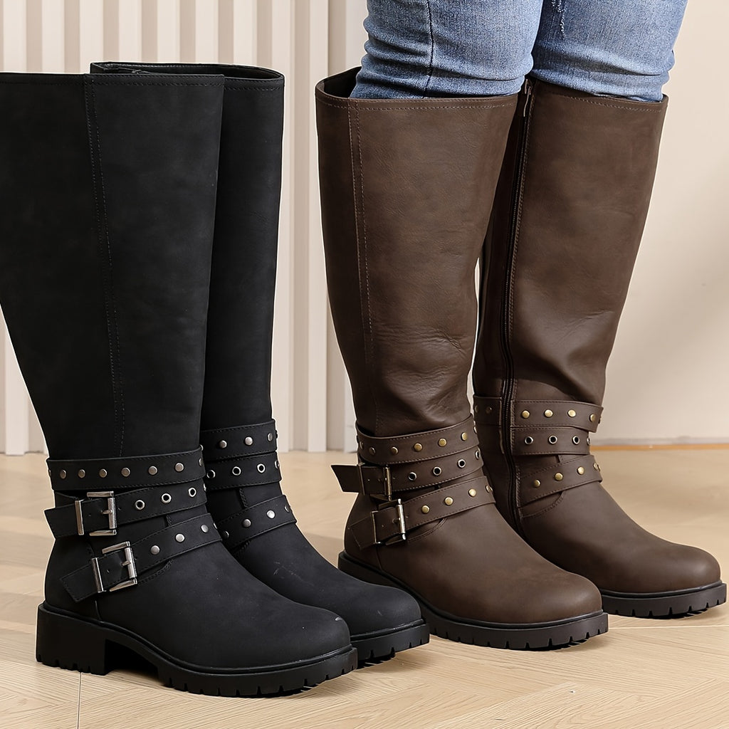 Women's Extra Wide Calf Knee High Boots Plus Size Low Heel Side Zipper Winter Tall Boots Ridding Motocycle Women Boots.