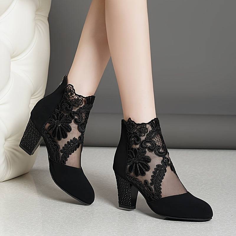 Chic Floral Lace Ladies Boots - Elegant Back Zipper, Comfortable Chunky Heel, Versatile Round Toe for Evening Wear