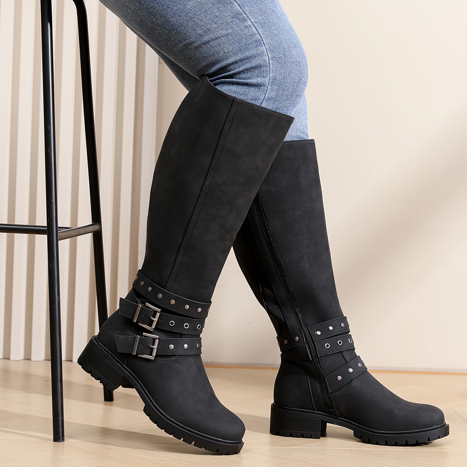Women's Extra Wide Calf Knee High Boots Plus Size Low Heel Side Zipper Winter Tall Boots Ridding Motocycle Women Boots.