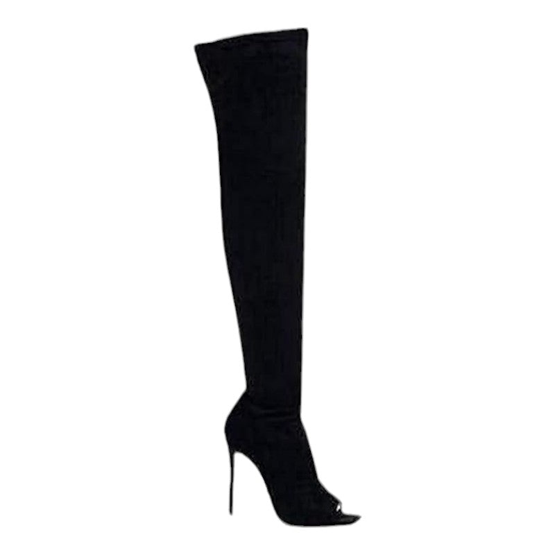 Women's Stiletto Heel Thigh High Boots Peep Open Toe Pull on Over the Knee Boots