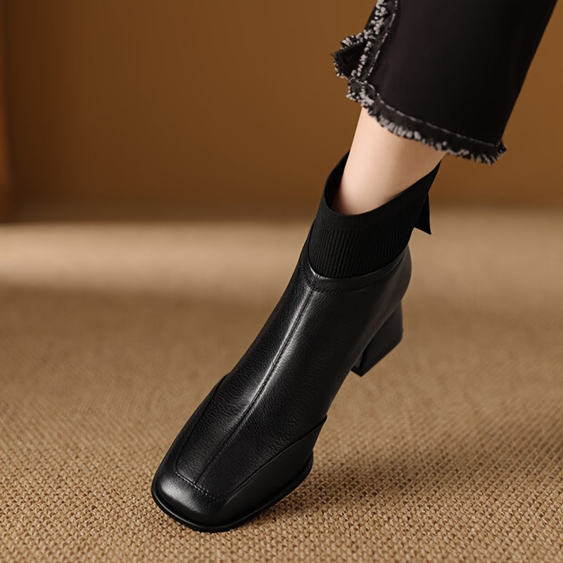 Women's 1.97inch Height-Increasing Square Toe Chunky Heel Mule-Style Lace-Up Ankle Boots - PU Cover-like Texture & Faux Cover Booties with Zipper Closure, All-Season Brown Tapered Leg Fit for Dresses, Pants, Jeans - Solid Bro