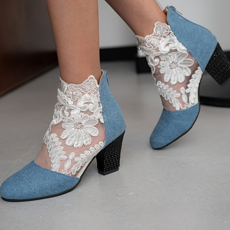 Chic Floral Lace Ladies Boots - Elegant Back Zipper, Comfortable Chunky Heel, Versatile Round Toe for Evening Wear