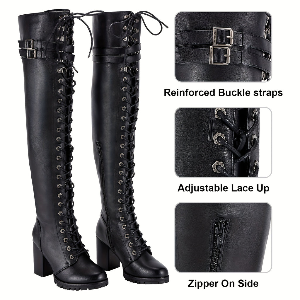 Women'S Faux Leather Over The Knee Thigh High Boots, Black Lace Up Knee High Boots With Chunky Heel, Sexy Biker Boots With Buckle