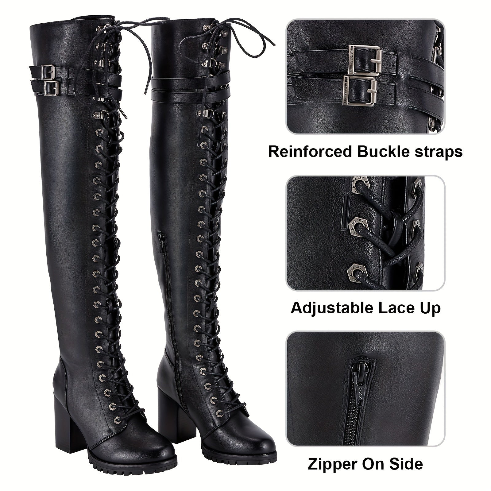 Women'S Faux Leather Over The Knee Thigh High Boots, Black Lace Up Knee High Boots With Chunky Heel, Sexy Biker Boots With Buckle