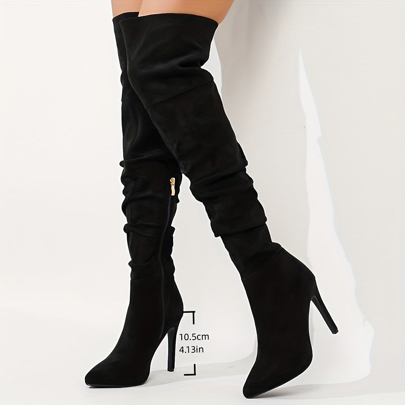 Elegant Over-the-Knee Boots for Women - Winter Solid Color High Heel Boots with Pointed Toe, Stiletto Heel, Zipper Closure, Flannel Upper, Fabric Inner & Rubber Sole - Ultrahigh Heel Thigh High Boots for North America & Europ