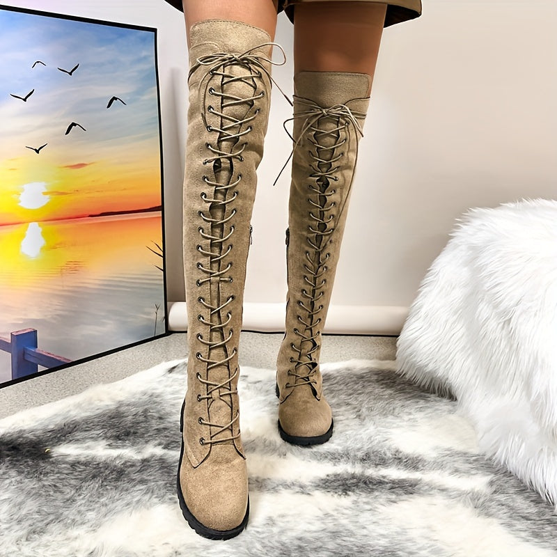 Mid Heel Womens Thigh High Boots - Soft Flannel Lined, Lace Up, Round Toe, Comfortable, Warm, and Fashionable Flat Long Boots for Casual Occasions