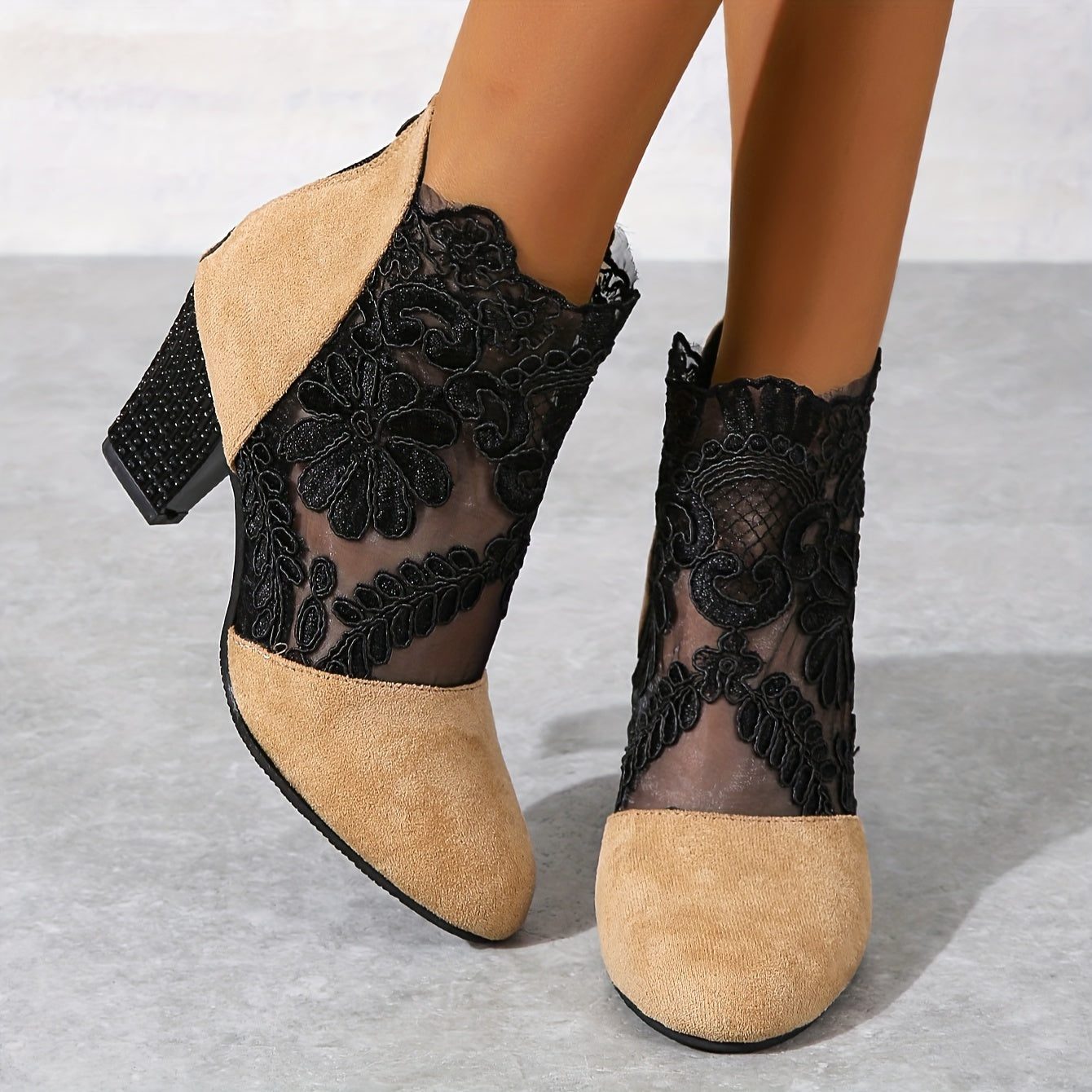 Chic Floral Lace Ladies Boots - Elegant Back Zipper, Comfortable Chunky Heel, Versatile Round Toe for Evening Wear