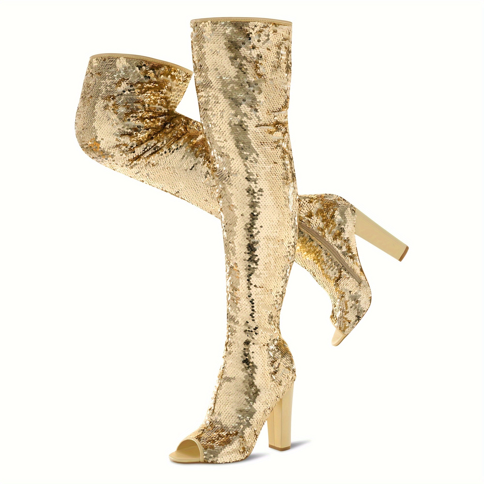 Sparkly Thigh High Boots for Women Sexy Sequin Over The Knee High Boots Party Prom Open Toe Chunky High Heels