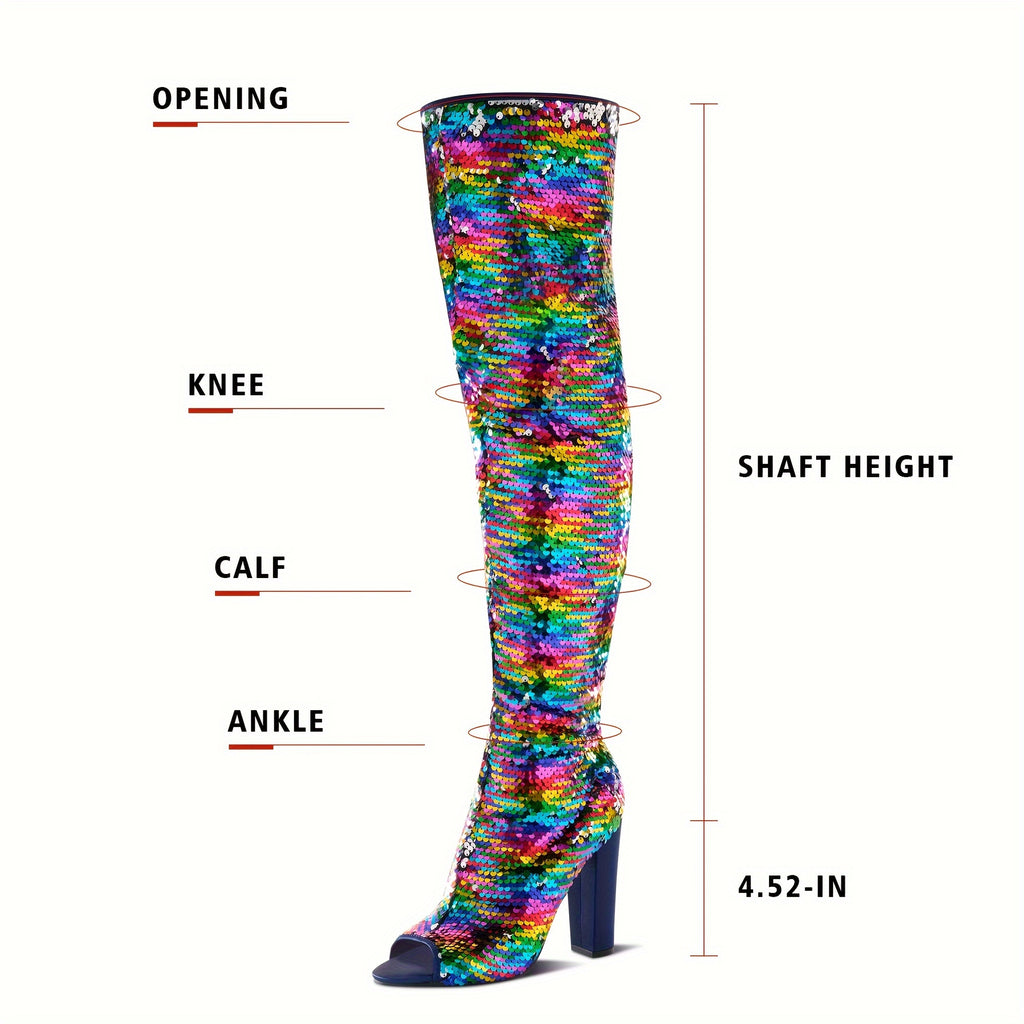 Sparkly Thigh High Boots for Women Sexy Sequin Over The Knee High Boots Party Prom Open Toe Chunky High Heels