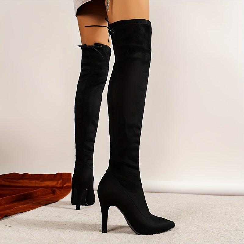 Women's Over The Knee Boots, Fashion Back Lace Up Pointed Toe Stiletto Long Boots, Stretchy Pull On Thigh High Boots