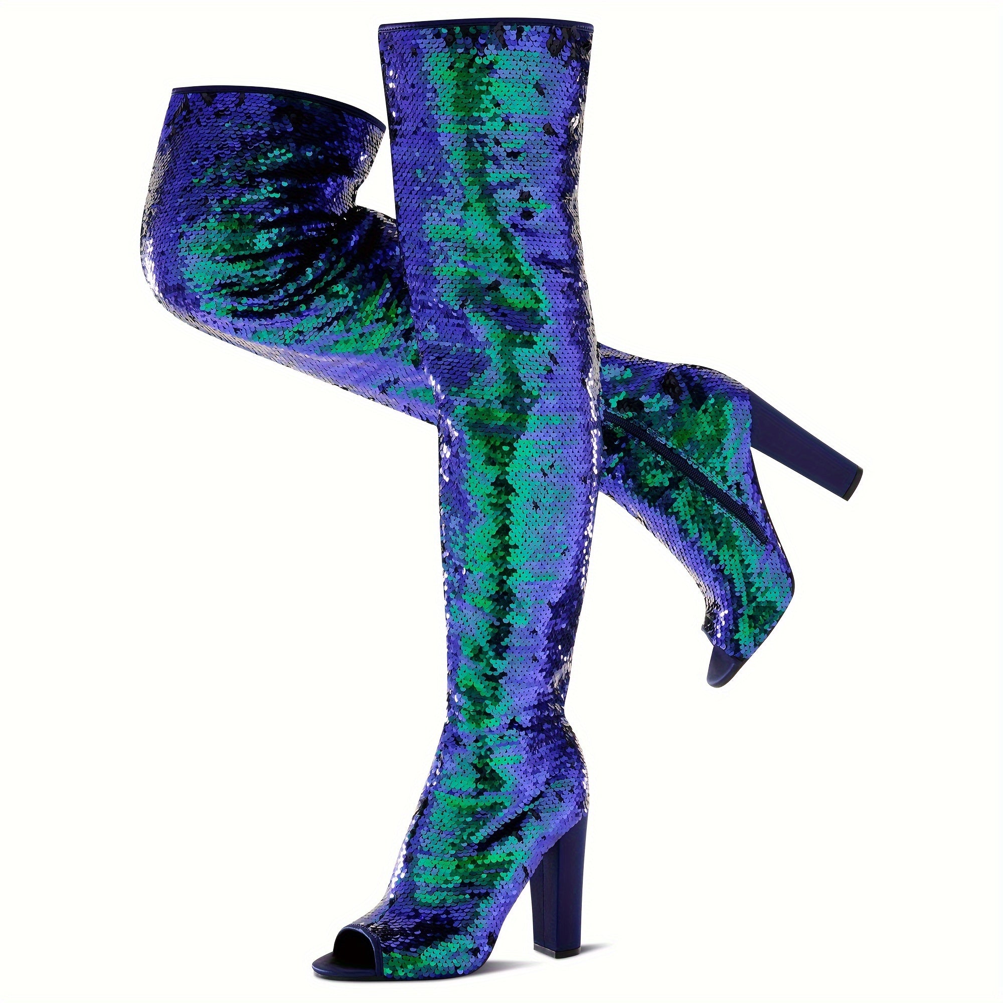 Sparkly Thigh High Boots for Women Sexy Sequin Over The Knee High Boots Party Prom Open Toe Chunky High Heels