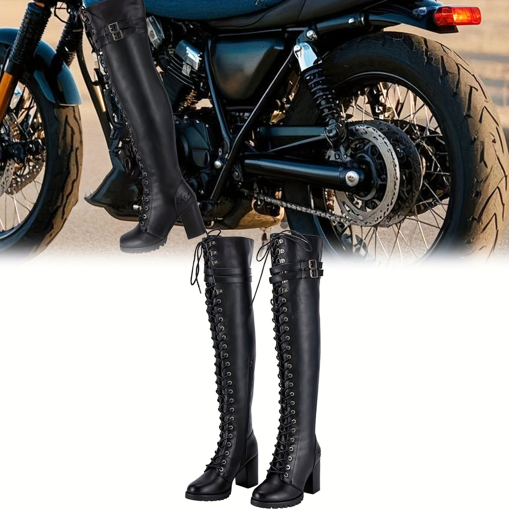 Women'S Faux Leather Over The Knee Thigh High Boots, Black Lace Up Knee High Boots With Chunky Heel, Sexy Biker Boots With Buckle