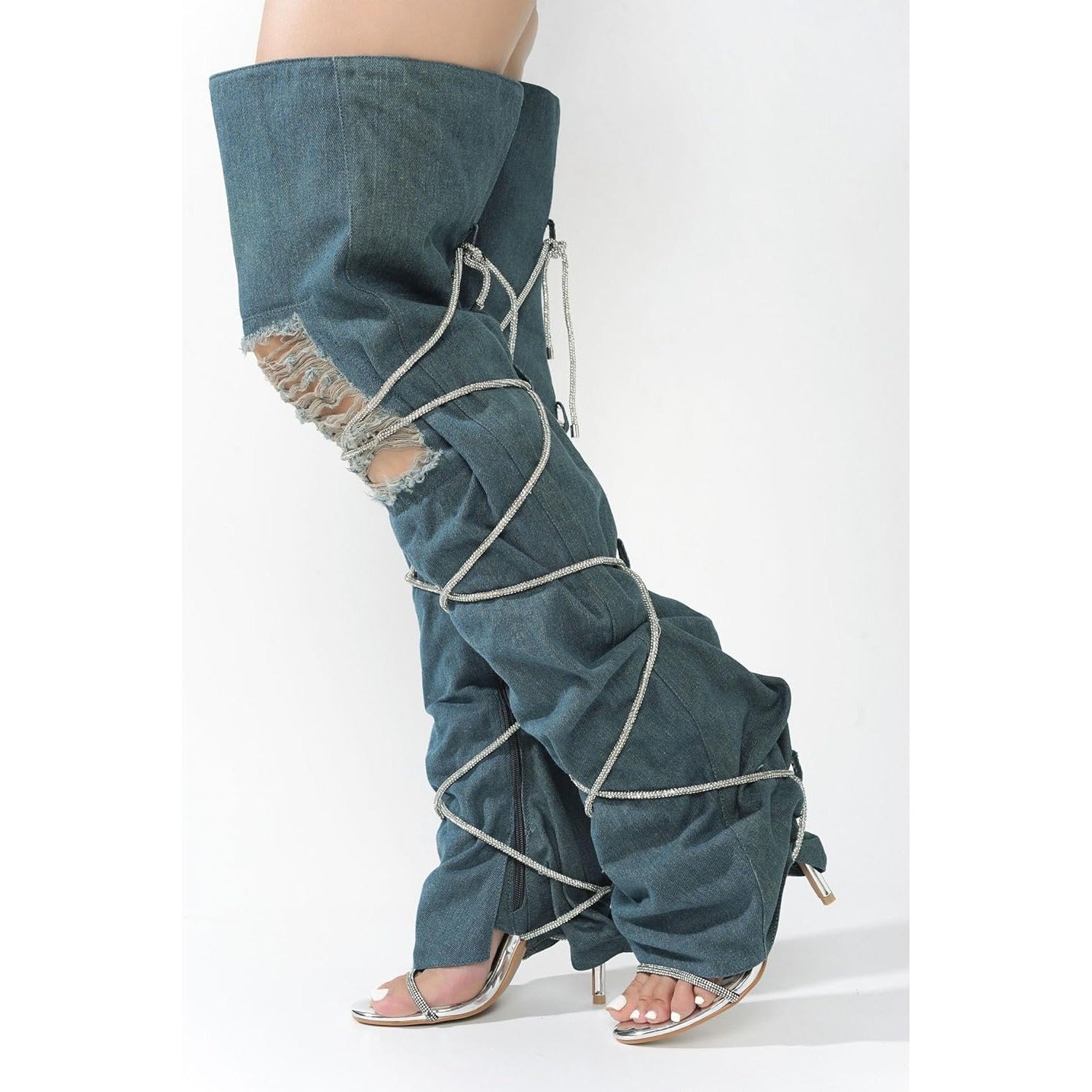 Cape Robbin Nobu Thigh High Boots, Stylish Rope Knee High Cowboy Boots Women, Long Denim Boots, High Heel Boots, Knee High Boots Women