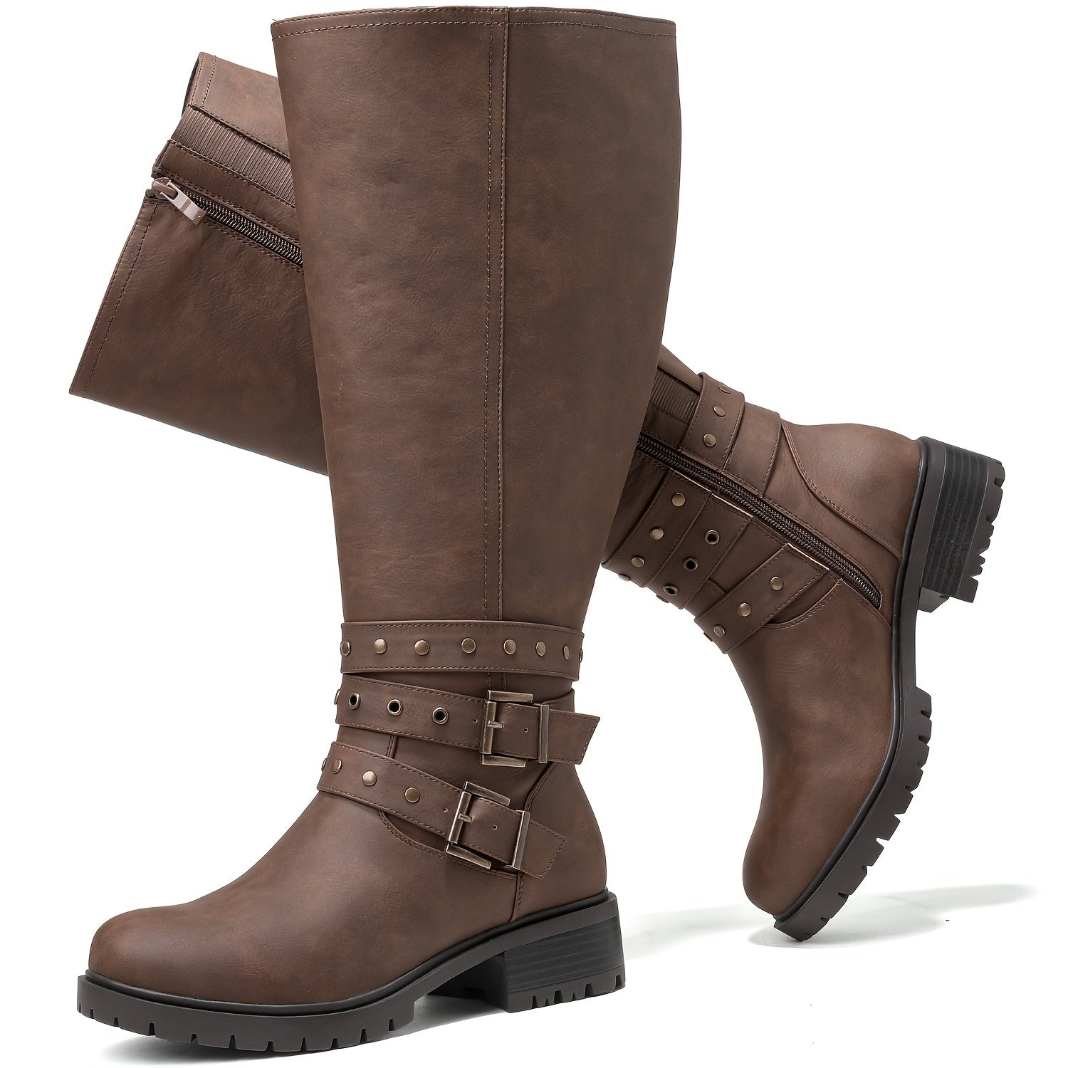 Women's Extra Wide Calf Knee High Boots Plus Size Low Heel Side Zipper Winter Tall Boots Ridding Motocycle Women Boots.