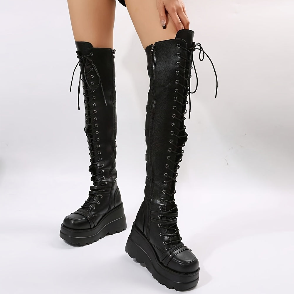 Women's Gothic Thigh High Boots - Punk Buckle, Side Zipper, Thick Platform Sole, Over-the-Knee Wedge Heels, Black PU Cover, Stylish for Cosplay & Street Fashion