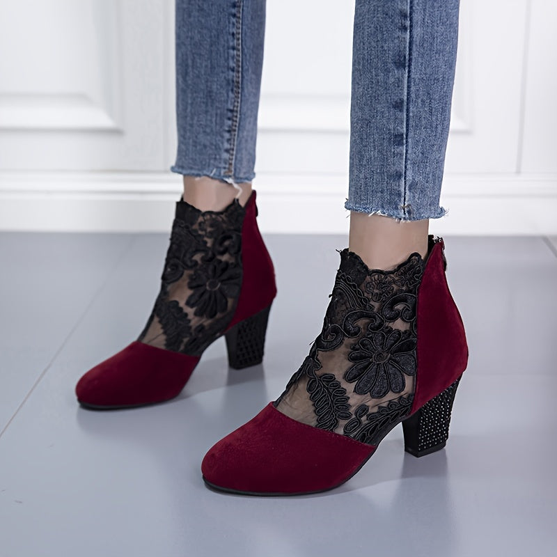 Chic Floral Lace Ladies Boots - Elegant Back Zipper, Comfortable Chunky Heel, Versatile Round Toe for Evening Wear
