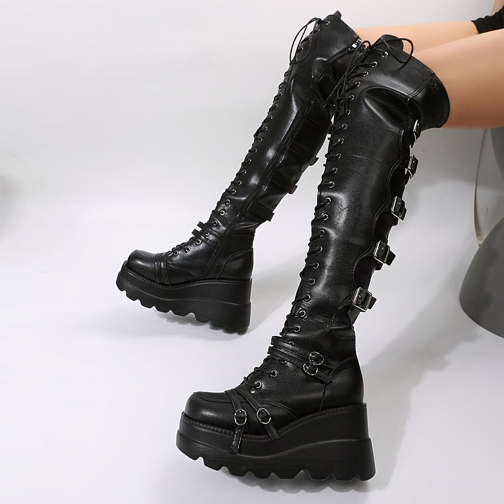 Women's Gothic Thigh High Boots - Punk Buckle, Side Zipper, Thick Platform Sole, Over-the-Knee Wedge Heels, Black PU Cover, Stylish for Cosplay & Street Fashion